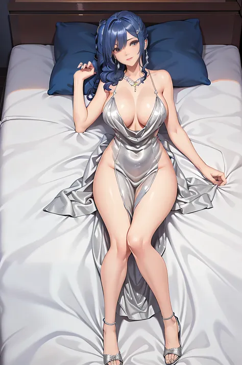 St. Louis，St. Louis， Azure Line，silver dress ，low cut dress，lying on the bed，Red sheets，One hand on the forehead，Top view。 beautiful legs ，Perfect legs，Long Legs，Beautiful Legs， blue hair，Braid， with bangs，beauties， hot body ，Curved legs，have accurate body...