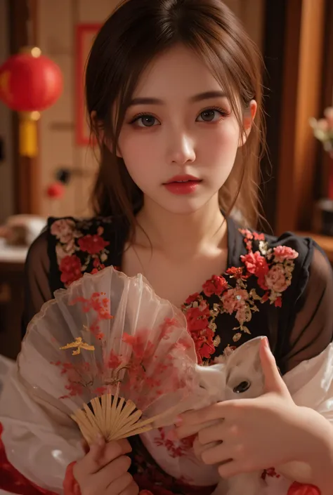 Cat ears、 face up, attractive, pretty girl, ponytail、 (( fine facial features , eroticism)), dramatic lighting , realistic , 8k, Dramatic Shadows , intricate and elaborate patterns , super detailed photo , chiaroscuro lighting , Pleasant colors , deep cont...