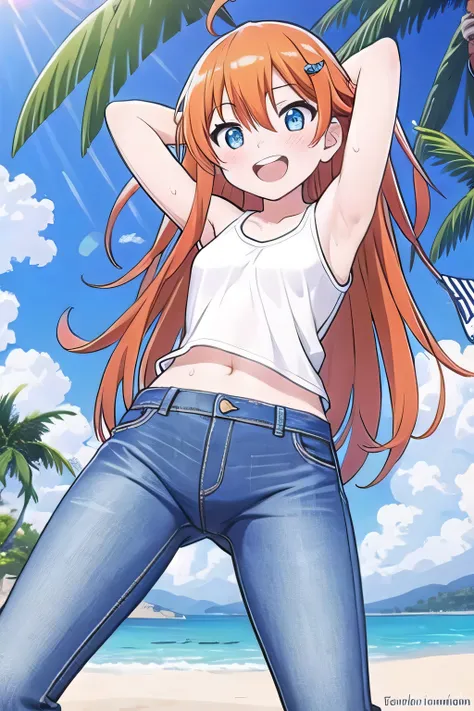 masterpiece, best quality, ultra detail, Perfect Face, perfect eye, 1girl, 14yo, petite, ((round face, ecstasy, orgasm face, drooping eyes, shame smiling, blush)), dropping eyes, sleepy, Open mouth, ((White teeth)), background((under the beach, (day:1.2), ...