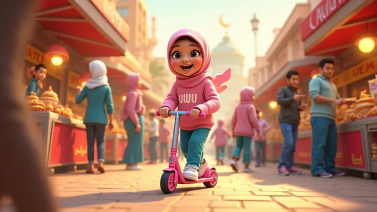 Prompt:
*"A highly detailed 3D Pixar-style illustration of Uwu joyfully riding her pink scooter through a bustling Ramadan market filled with colorful food carts and street vendors. Uwu, the adorable  girl with flushed cheeks, is wearing a soft pink hijab,...