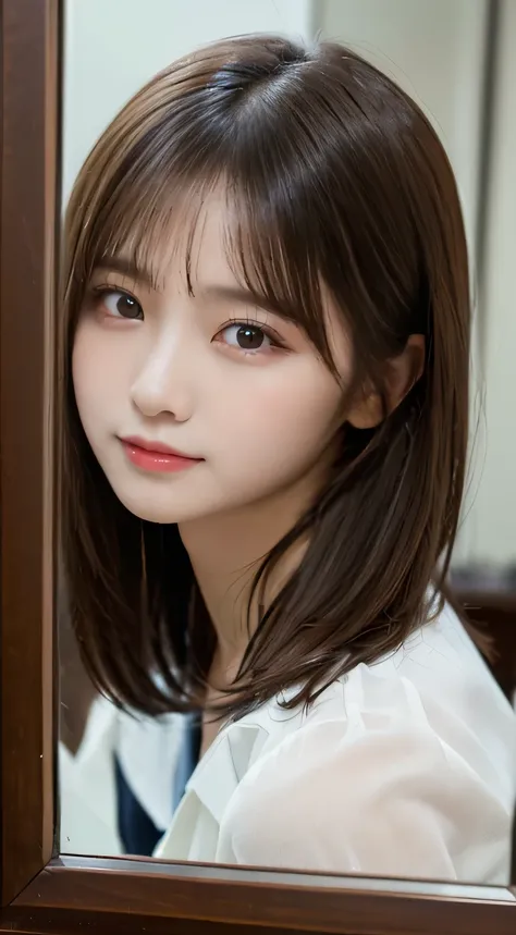 (beautiful girl、Cute Face、high school girl、medium hair、Face reflected in the mirror:1.3)、top quality,8K image、 perfect double eyelids、 moist eyes、happy、natural color makeup、Moist lips、white skin