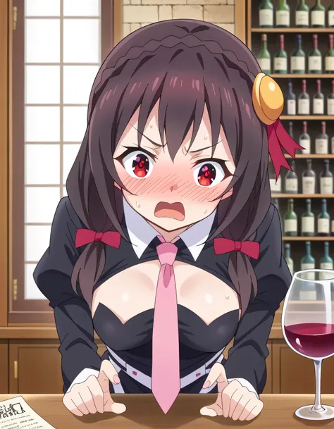 high image quality,high quality、 
Yunyun、 black hair, hair accessories, red eyes,   Long Sleeve, tie,   Outfit Cutout, clevage cutout, pink tie、See viewer、(blush:1.2)、(drunk:1.2)、(bar)、(I have a wine glass)、 upper body only、 view from above、sweat、(leaning ...