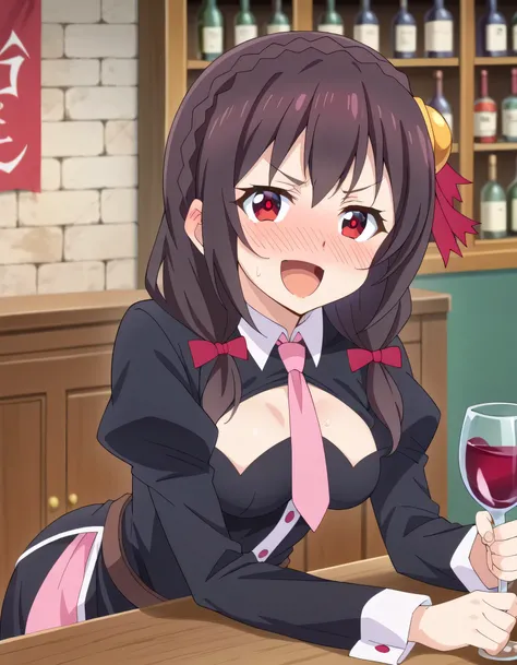 high image quality,high quality、 
Yunyun、 black hair, hair accessories, red eyes,   Long Sleeve, tie,   Outfit Cutout, clevage cutout, pink tie、See viewer、(blush:1.2)、(drunk:1.2)、(bar)、(I have a wine glass)、 upper body only、 view from above、sweat、(leaning ...