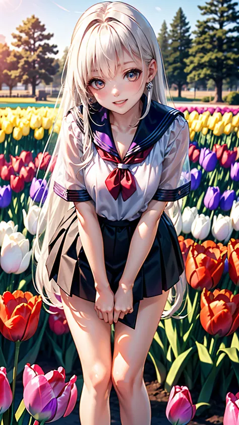 Highest quality, 8K, Highest quality, ((High school girl with crimson eyes)), ((Crimson Eyes)), ((Sparkling and delicate eyes)), ((Very precise eyes)), ((Long hair that is a mix of platinum and purple)), Princess cut, ((Translucent white skin)), Glowing sk...
