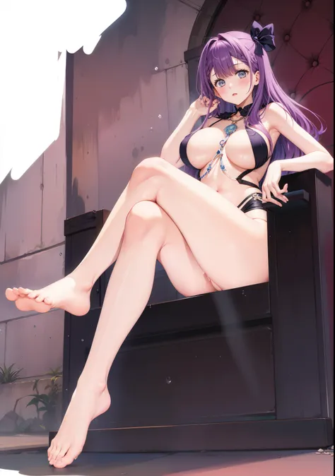 wife，  Big Breasts  ，exposed,    long hair，Small belly，Big thighs ，Water Drops。Aho,bath towel，Purple,barefoot，Rainbow Hair，