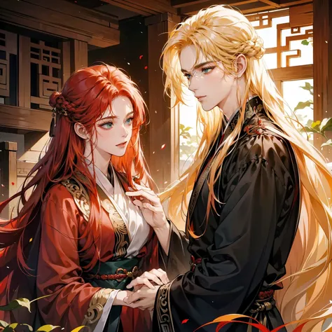 A beautiful red-haired woman with green eyes wearing an ancient Chinese-style long black robe caresses the head of a man with long blonde hair with both hands. Blonde husband and red-haired wife