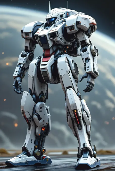 Gundam design, Gundam RX-78 in white color with navy blue and red accents, full-body concept art.