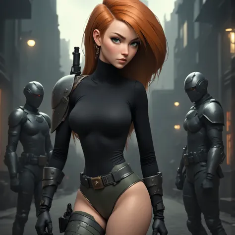 1girl,  seductive shapes,  Kim five plus , a smirk on the face cheerful look, semi-profile, Kim-five character plus (Kimberly ), seductive body and curves, red hair, pretty face,  determined look , straight hair,  Green eyes , Girl in a black sweater and d...