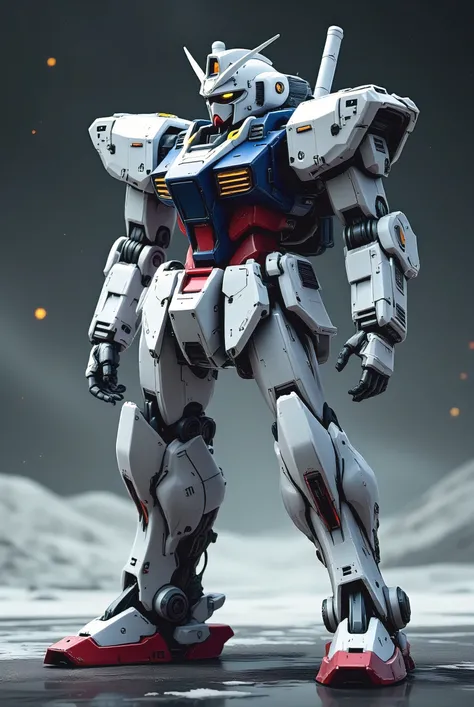 Gundam design, Gundam RX-78 in white color with navy blue and red accents, full-body concept art.