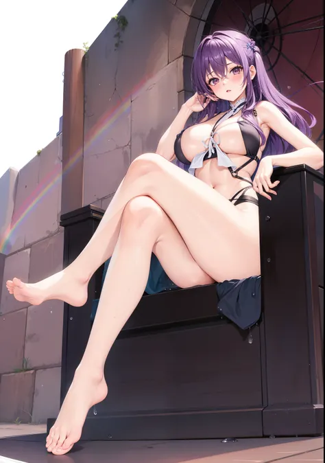 wife，  Big Breasts  ，exposed,    long hair，Small belly，Big thighs ，Water Drops。Aho,bath towel，Purple,barefoot，Rainbow Hair，