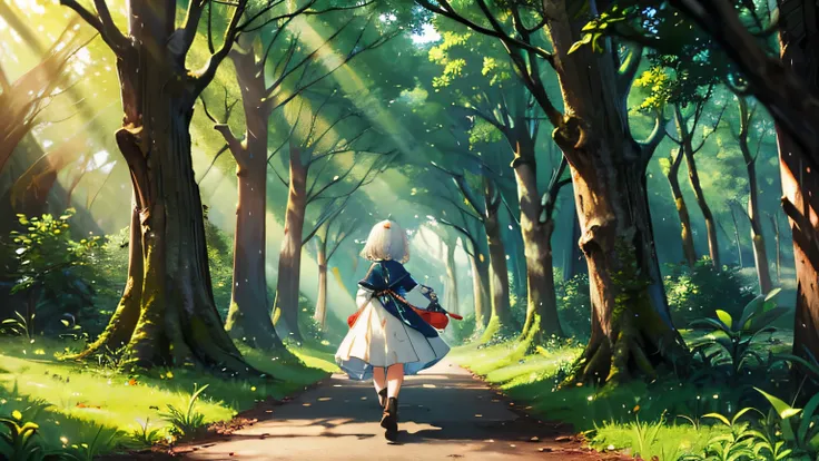 BGM thumbnail、girl taking a leisurely walk in the woods、sunlight filtering through the trees、Healing、fantasy、is fun