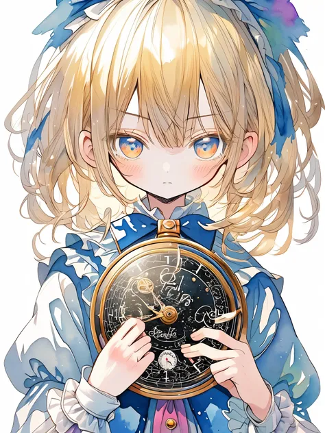 Alice in Wonderland, pretty girl, is a clock in the background,
Ultra High Definition, close-up,  watercolor style,