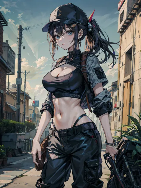 ideal ratio body proportions, perfect anatomy, correct body, earring, large breasts, narrow waist, short hair, black hair, wavy hair, hair behind ear, half updo, hair ornament, sexy, erotic, seductive, Sensual, looking at viewer, cowboy shot, outdoor, base...