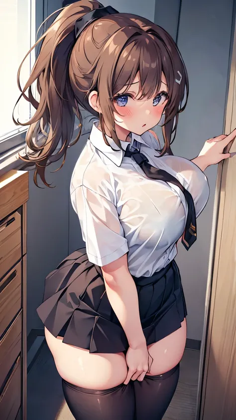 1 girl,oversized strapless , brown hair , blushing surprised expression,@_@,shirt, naked shirt, shirt tug,Big breasts,From the front， Prominent nipples，Ponytail, Office Staff，tight skirt，black stockings，