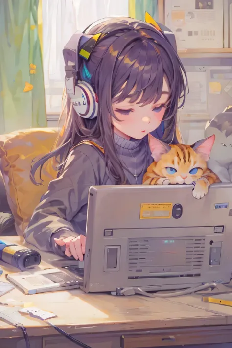 girl an front hiis computer with cat slleping on the desk