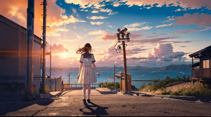 -Bruce, One Girl, alone, Outdoors, cloud, null, skirt, , shoes下,  Scenery, white shoes下,  sign, shoes, standing, Seraphim, Knee-length, from behind,  shirt, cloudy null, road  sign,  signature, sailor color, wide shot, sunset, white  shirt, black skirt,  b...