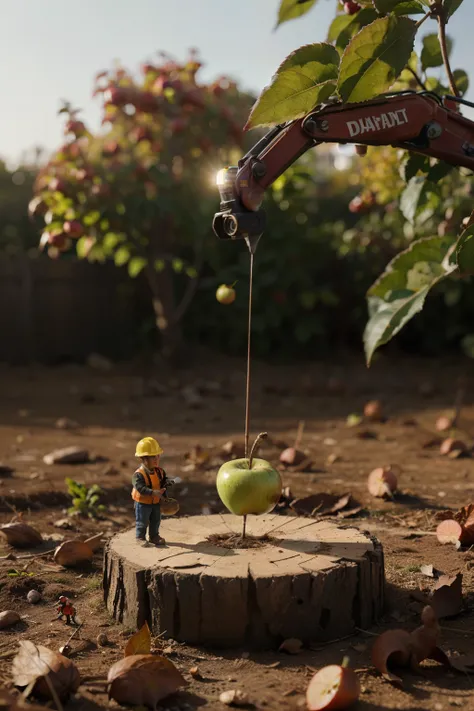 "Extreme close-up photography of a sliced red apple with miniature construction worker figurines working on it. Position several tiny worker figurines wearing yellow hard hats and gray uniforms on top of the apple, with some using tiny tools. Place the app...