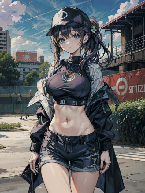 ideal ratio body proportions, perfect anatomy, correct body, earring, large breasts, narrow waist, short hair, black hair, wavy hair, hair behind ear, half updo, hair ornament, looking at viewer, cowboy shot, outdoor, baseball cap, black T-shirt, crop top,...