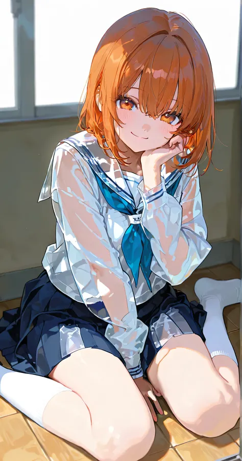 transparent clothes, school uniform, wariza, smile, looking at viewer 