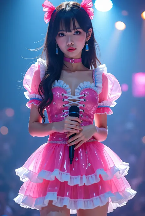 Create a highly detailed, realistic image of a young woman with long, dark hair styled with two small pink bows on either side. She is wearing a vibrant and transparent shinning glossy pink short dress that has a layered, frilly design with white ruffled e...