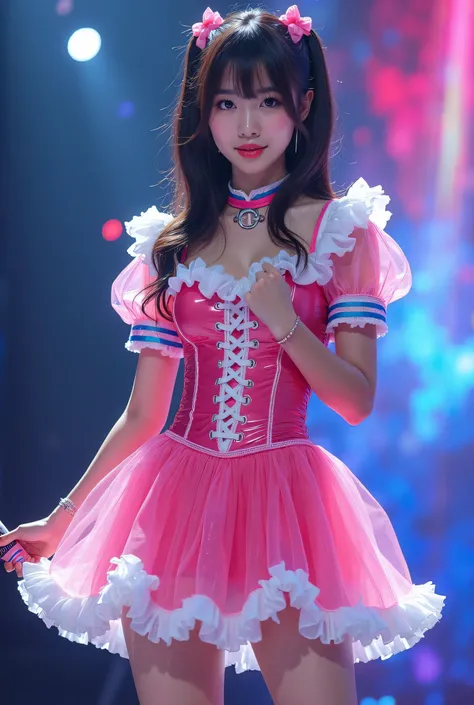 Create a highly detailed, realistic image of a young woman with long, dark hair styled with two small pink bows on either side. She is wearing a vibrant and transparent shinning glossy pink short dress that has a layered, frilly design with white ruffled e...