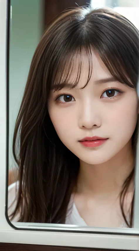 (beautiful girl、Cute Face、high school girl、medium hair、Face reflected in the mirror、 moist eyes:1.3)、top quality,8K image、 perfect double eyelids、happy、natural color makeup、Moist lips、white skin