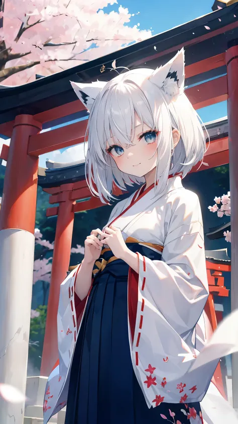 Top Quality、、(Whitening skin,)、 Silver Hair、very short hair,Petite、slender、( shrine maiden costume, scarlet hakama,),cherry blossoms,torii,smile, fox ears,toned body,