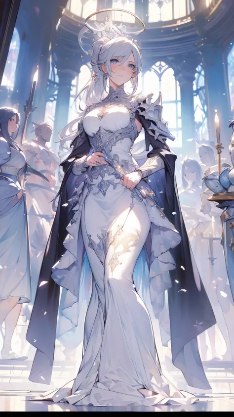 (( masterpiece, best quality)),  epic battlefield atmosphere ，exquisite face，knight，White Bride Armor，Halo， full body，group photo，perfect body proportions， double ponytail， beautiful silver eyes ，fantasy style，white background，Transparent，Lace