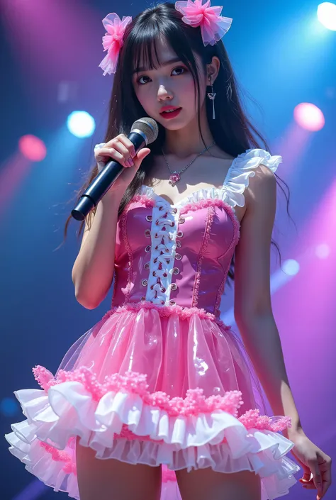 Create a highly detailed, realistic image of a young woman with long, dark hair styled with two small pink bows on either side. She is wearing a vibrant and transparent shinning glossy pink short dress that has a layered, frilly design with white ruffled e...