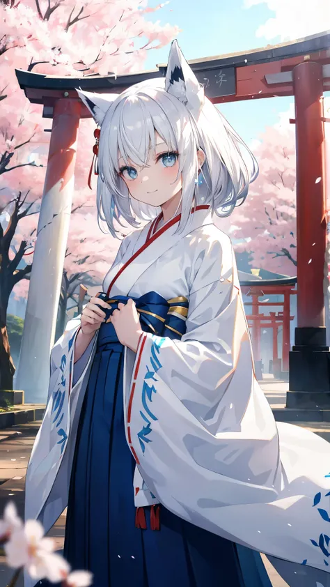 Top Quality、、(Whitening skin,)、 Silver Hair、light blue eyes,Petite、slender、( shrine maiden costume,Scarlet hakama,),cherry blossoms,torii,smile, fox ears,toned body,