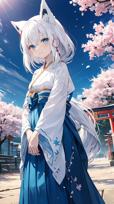 Top Quality、、(Whitening skin,)、 Silver Hair、light blue eyes,Petite、slender、( shrine maiden costume,Red Hakama,),cherry blossoms,torii,smile, fox ears,toned body,