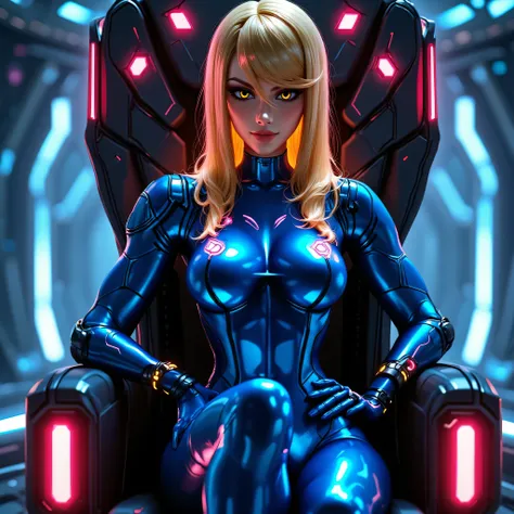 CINDERELLA dressed in her digital avatar, A warrior in shining blue armor with special powers, 1girl,  seductive shapes, seductive body and curves, blonde, pretty face,  determined look ,  golden hair, golden neon-colored eyes, Beautiful medium-sized breas...