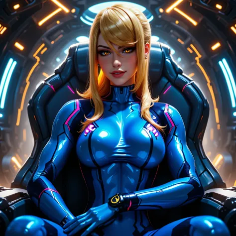 CINDERELLA dressed in her digital avatar, A warrior in shining blue armor with special powers, 1girl,  seductive shapes, seductive body and curves, blonde, horse tail hairstyle, pretty face,  determined look ,  golden hair, golden neon-colored eyes, Beauti...