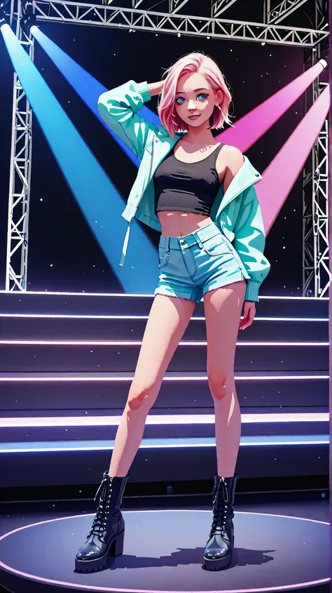 A young Japanese fashion model woman. She has medium-length shaggy pastel pink hair and bright blue eyes. She is wearing half boots, a simple tank top under short jacket and short pants. She is standing confidently in a contrapposto stance with (one arm ra...