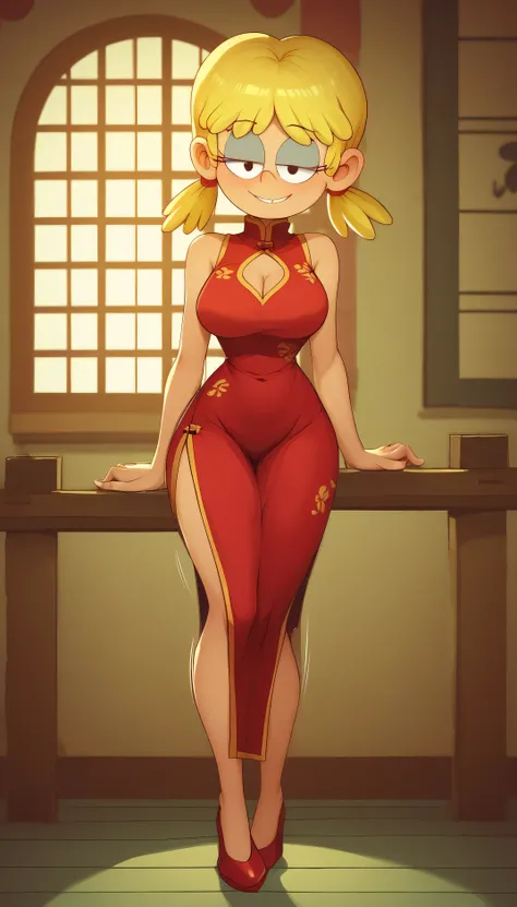 safe_pos, score_9, score_8_up, score_7_up BREAK Lana Loud, the loud house, BREAK large breasts, BREAK looking at you, red cheongsam, inside of a chinese temple,blonde short hair, twintails, bangs, standing, chest window, full body view, smile, sexy pose, h...