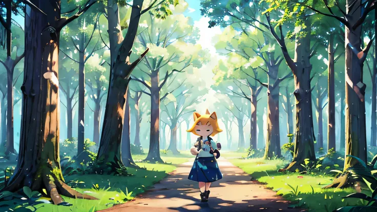 masterpiece、Top Quality、 Fantastic illustrations 、 in the woods、sunlight filtering through the trees、laid-back、Girl taking a walk 、 Animal Crossing 