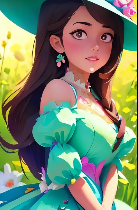 a close up of a woman in a dress and hat, a digital painting inspired by rossdraws, tumblr, digital art, style artgerm, girl in a dress, dressed in a flower dress, rossdraws 2. 5, cute anime waifu in a nice dress, rossdraws 1. 0, style in digital painting,...