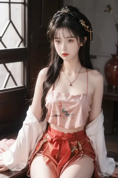 is the best quality,  masterpiece, High Aims, 1 girl, Beautiful red Hanfu, Hair   ornaments,  necklace,   ornament, pretty face, When the body, Tyndell effect, Realistic portrait, Dark Studio, Edge lighting, Bicolor Light , (very delicate skin:1.2),  8,000...