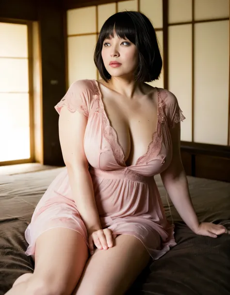 4K quality, High Resolution, photoreal,  RAW photos , Original photo, one woman,  black haired bob, A large 45-year-old Japanese woman, plump body, Large middle-aged woman, chubby, saggy boobs, black see-through negligee, Full Body Shown, A futon in a Japa...