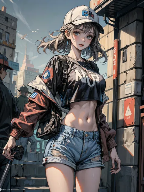 ideal ratio body proportions, perfect anatomy, correct body, earring, huge breasts, narrow waist, short hair, black hair, wavy hair, hair behind ear, half updo, looking at viewer, cowboy shot, outdoor, baseball cap, black T-shirt, crop top, shorts,