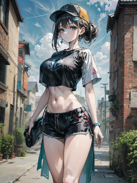 ideal ratio body proportions, perfect anatomy, correct body, earring, large breasts, narrow waist, short hair, black hair, wavy hair, hair behind ear, half updo, hair ornament, looking at viewer, cowboy shot, outdoor, baseball cap, black T-shirt, crop top,...