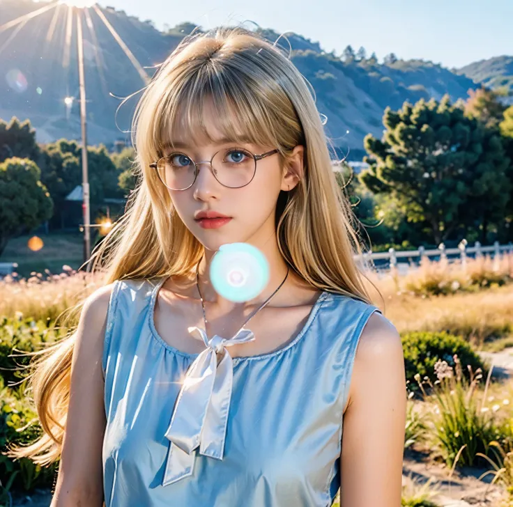 8K quality,  photos,  two beautiful girls, Beautiful like a goddess, people fog up on the hill, above chest shot at the ruins, (red thin string ribbon tie on blouse), (Thin silver rimmed glasses), (Sparkling, beautiful light blue eyes and blond hair:1.3), ...