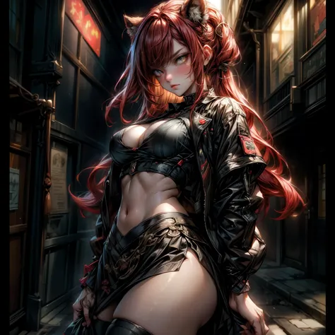 ((best quality)), ((Masterpiece)), ((Enrich the picture，Masterpiece level quality)), red hair, curtainbangs, very big breasts, golden eyes, fierce woman, street fasion, mini black shirt, mini black skirt, sexy jacket, best quality, RAW 4K, Realistically, (...