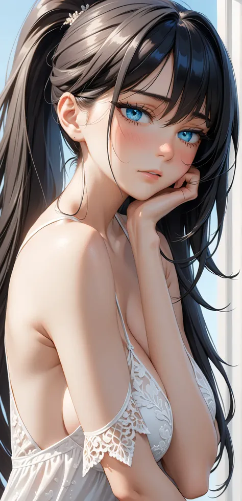 upper body, Random Sexy pose , ((Ultra detailing)), ((very aesthetic, best quality, ultra detailed)), intricate details, 1girl, ((long hair, Black hair, Ponytail hair,)), ((Blue eyes)), ((Detailed eyes)), ((Beautifull eyes)), ((prefect eyes)), ((Ultra deta...