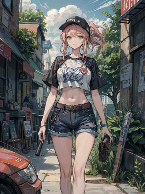 ideal ratio body proportions, perfect anatomy, correct body, earring, huge breasts, narrow waist, short hair, black hair, wavy hair, hair behind ear, half updo, looking at viewer, cowboy shot, outdoor, baseball cap, black T-shirt, crop top, shorts,