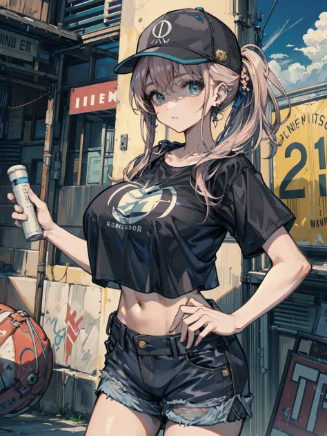 ideal ratio body proportions, perfect anatomy, correct body, earring, huge breasts, narrow waist, short hair, black hair, wavy hair, hair behind ear, half updo, looking at viewer, cowboy shot, outdoor, baseball cap, black T-shirt, crop top, shorts,