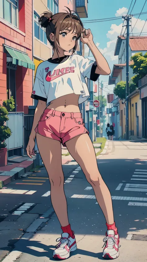 Sakura Kinomoto, very sensual, with funk girl clothes, Brazilian, In the city of Rio de Janeiro, Brazil, cangelo dancing, lamination, big ass, thick legs, wearing extremely short jean shorts, using a mini blouse, navel with piercing, Nike shoes, wide, Rear...