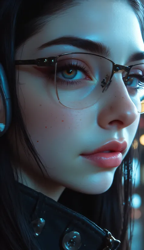 ((a woman with tattoos on her neck and face, Beautiful face of a cyberpunk girl, great digital art with details,  she wears rectangular black rimmed glasses you can see the reflection in the glasses of the glasses :1.5)),walking, City streets,city lights, ...