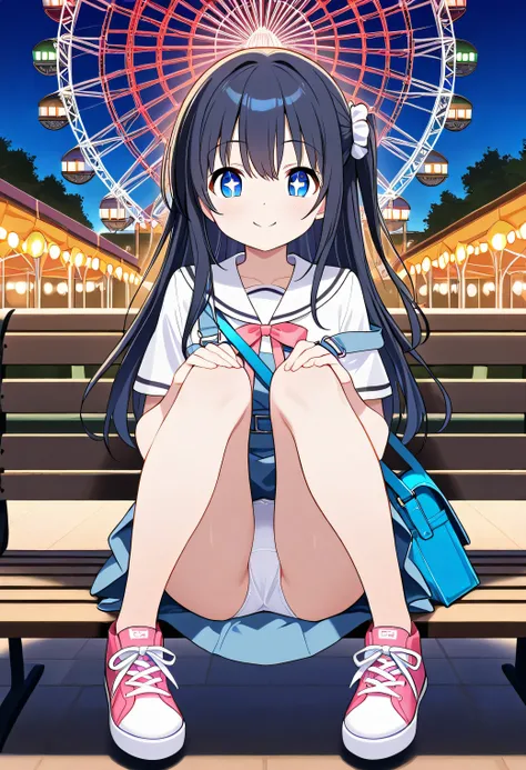 (white panties visible)、wearing a Japanese sailor uniform。She's sitting on a bench at an amusement park、 lifting both legs 、She's gazing at you with a cheerful smile。What I chose for the first date was、She's wearing a checked he's wearing a casual top with...