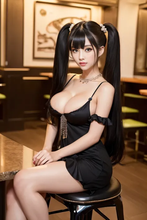 (Capture your face full screen)((Her Hairstyle Is Ankle Length,they have thick twin tails that are very straight:1.2))((Perfect black hair))((A gorgeous black long dress adorned with jewels))(Bustling with Frilled Beads and black Dresses)(She's Looking sex...